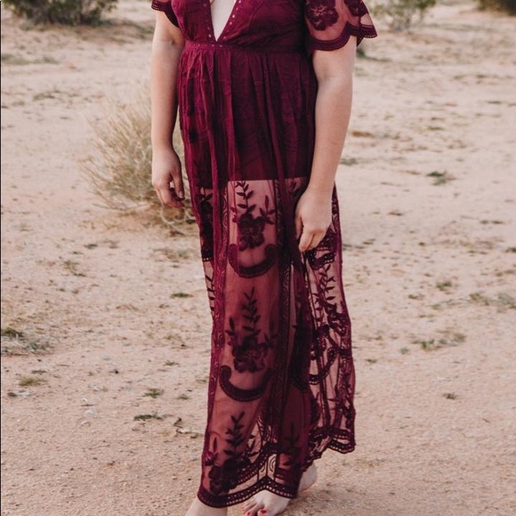 Lace Maxi Romper Burgundy - Picture 4 of 5